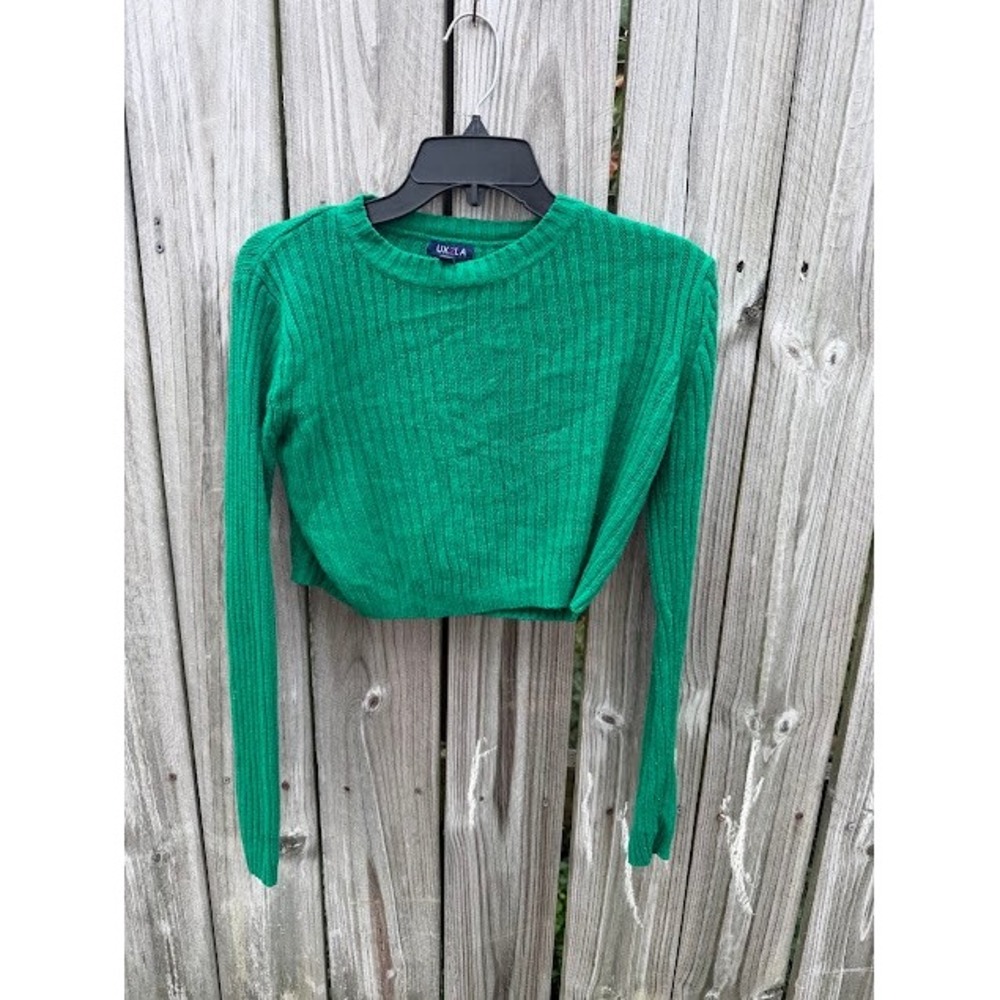 Y2K Streetwear UK2LA Cropped Sweater XS Green Ribbed Knit Crewneck